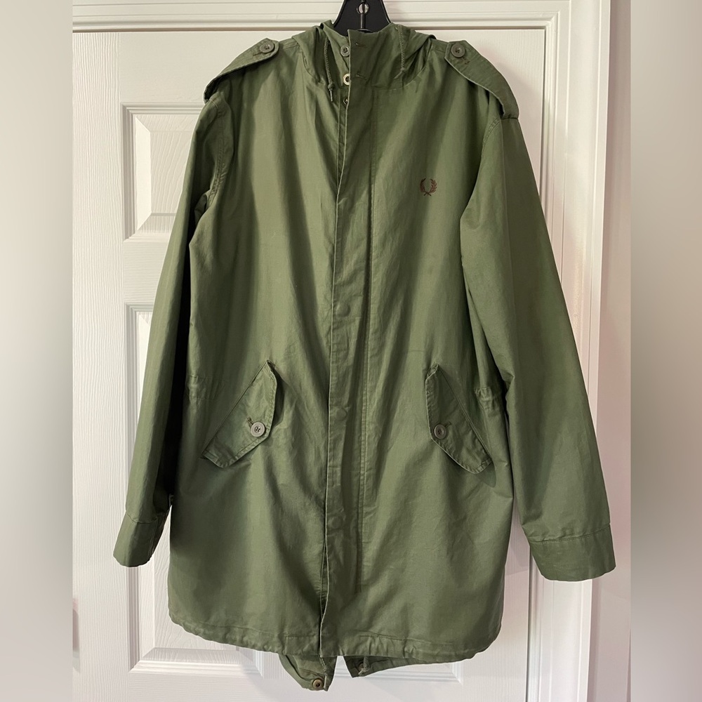 Fred Perry Olive Green Military Hooded Full Zip Raincoat Jacket Large